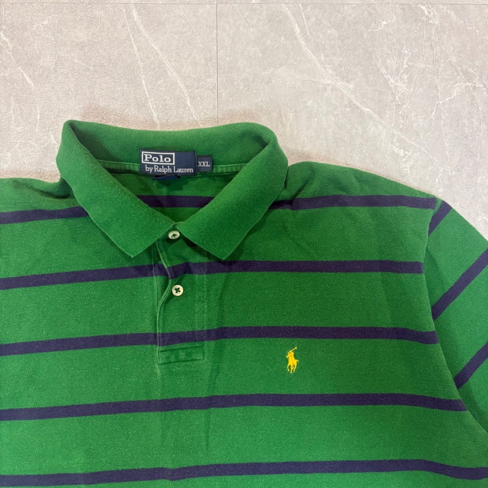 Polo Ralph Lauren Mens XXL Green Navy Blue Striped Short Sleeve Polo Shirt Pony - Picture 3 of 7